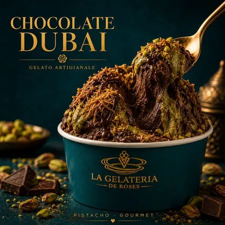 Helado artesanal de chocolate Dubái con pistacho en La Gelateria de Roses