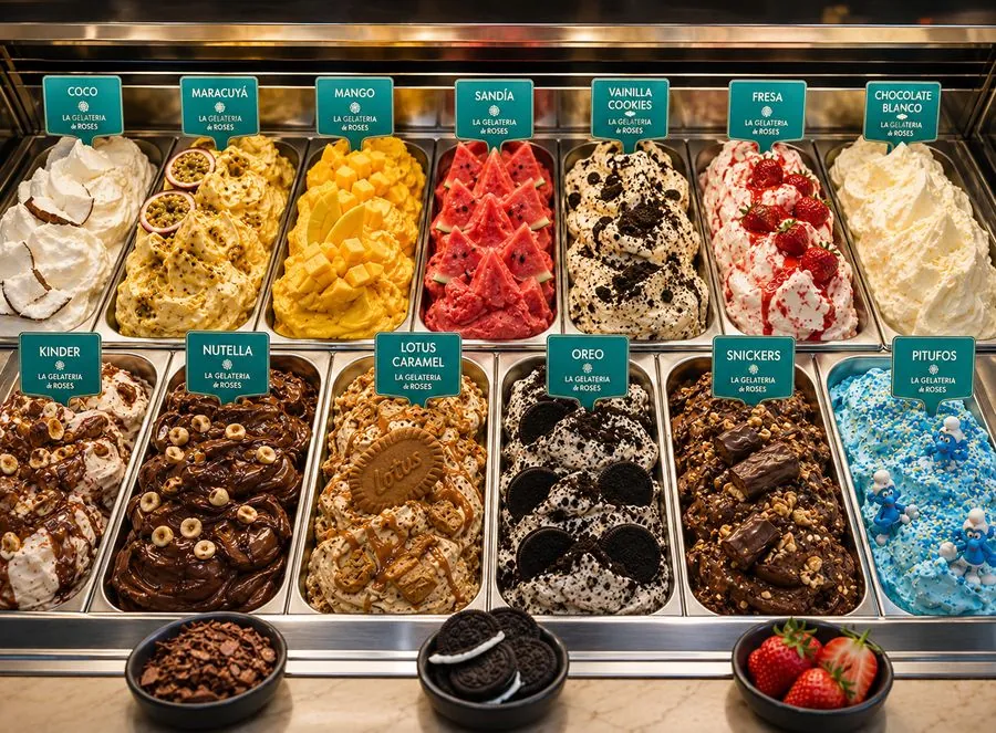 Vitrina con más de 50 sabores de helado artesanal en Roses