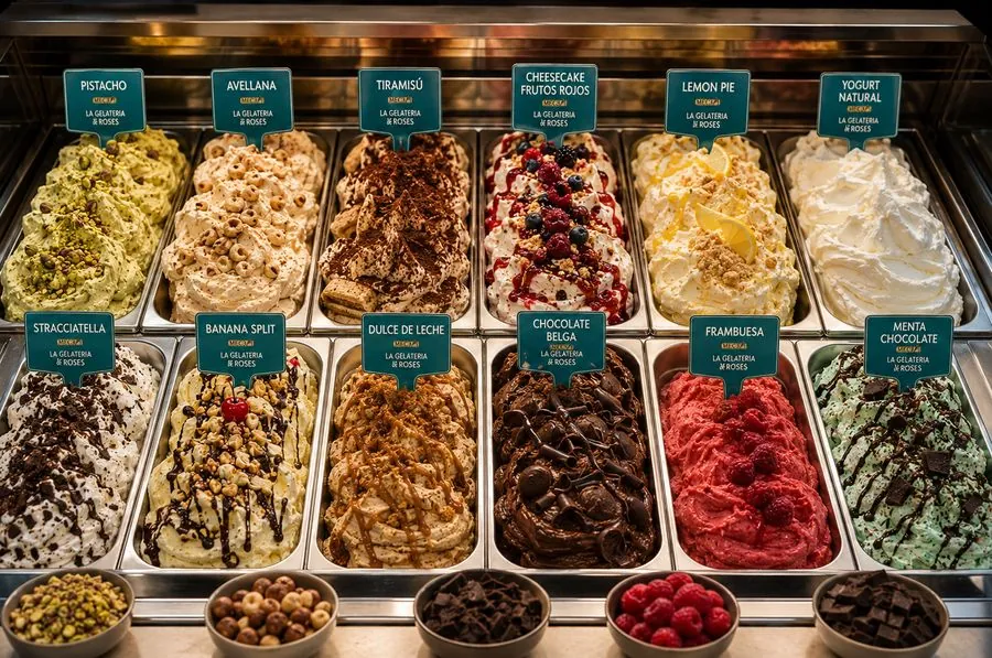 Variedad de sabores de gelato artigianale en La Gelateria de Roses