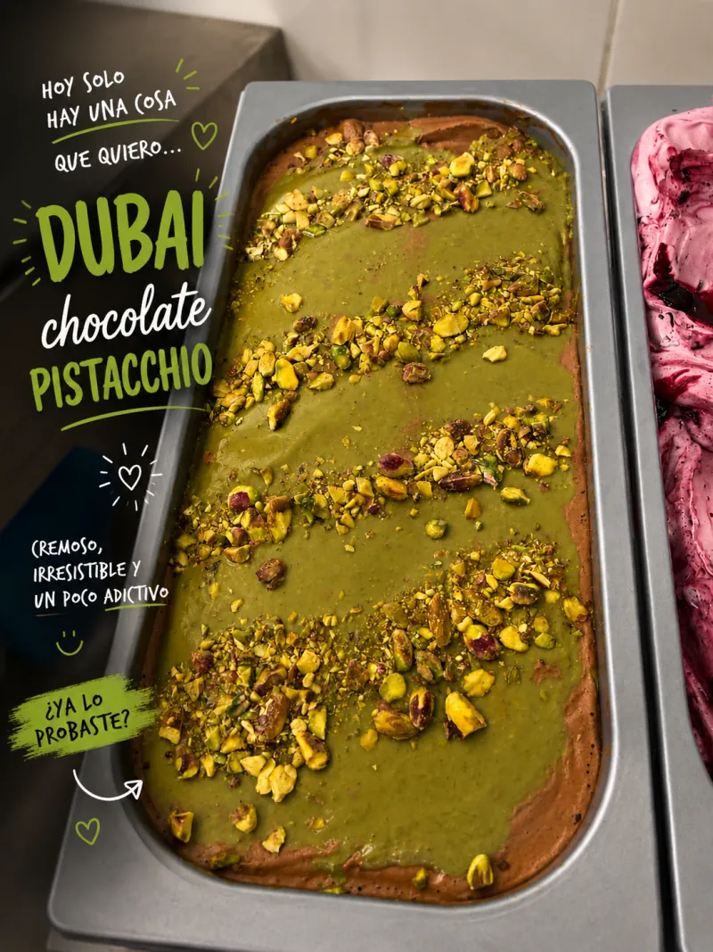 Gelato Dubai de chocolate y pistacho - La Gelateria de Roses